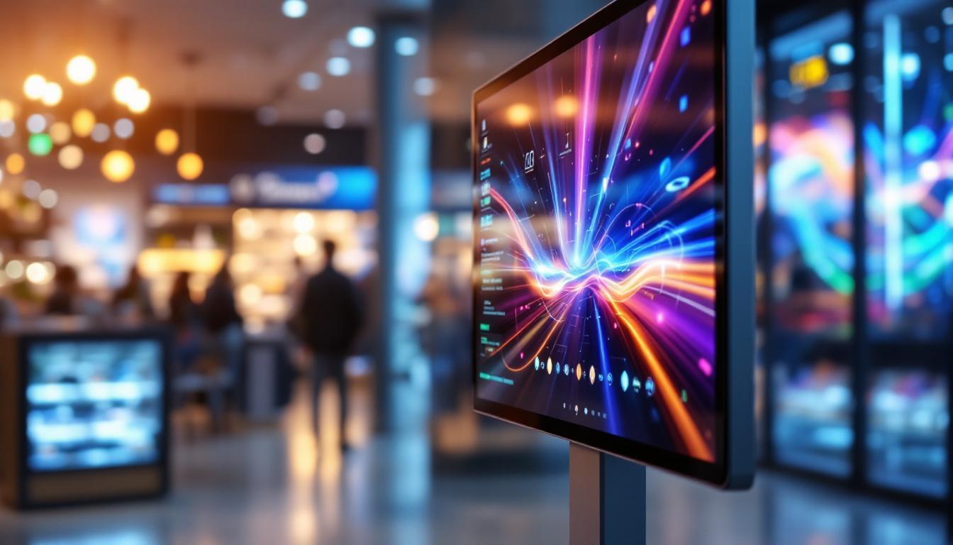 A photograph of a sleek touch screen monitor displaying vibrant led graphics in a retail environment