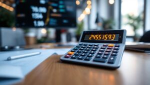 A photograph of a large desk calculator with a clear led display