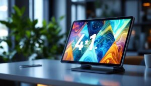 A photograph of capture a photograph of a sleek 8.5 x 11 led display stand showcasing vibrant