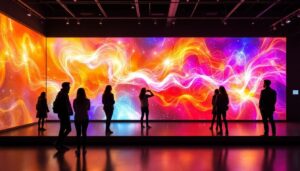 A photograph of a vibrant led display in an art gallery setting