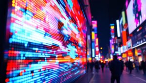 A photograph of capture a photograph of a vibrant led display in a bustling urban setting