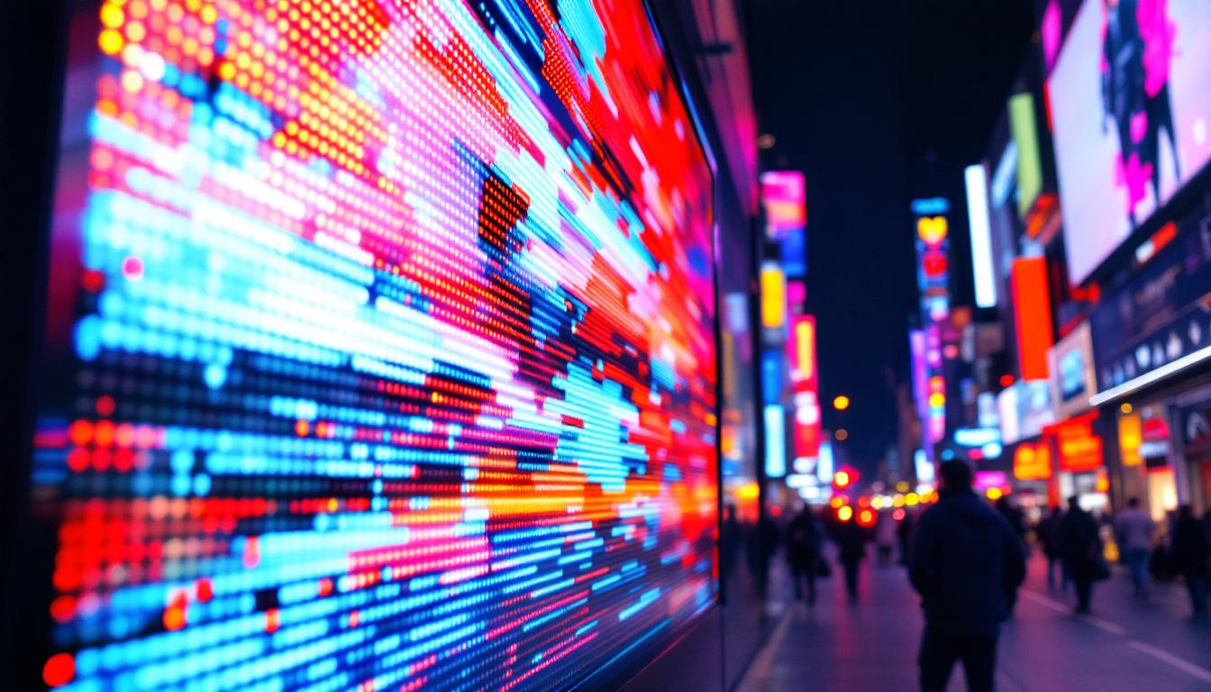 A photograph of capture a photograph of a vibrant led display in a bustling urban setting