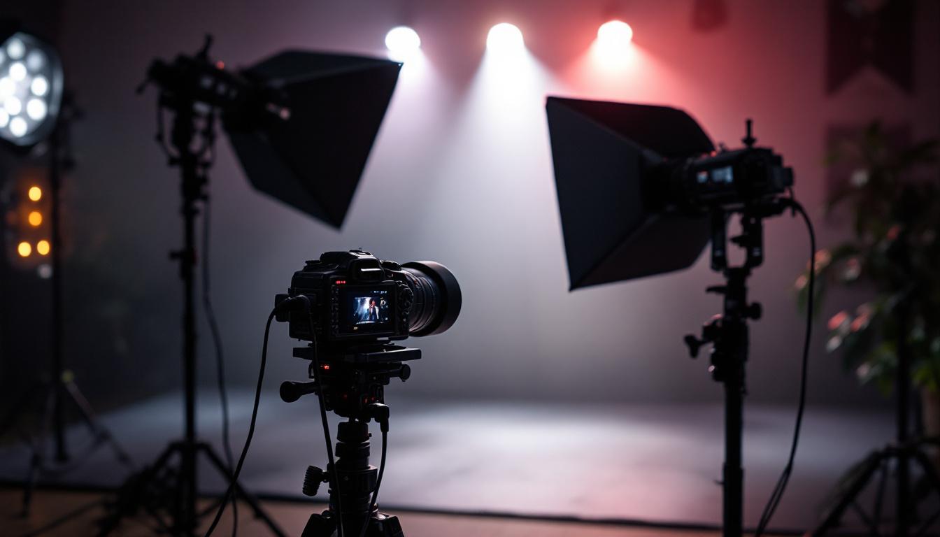 A photograph of a well-lit filming setup featuring led lights in action