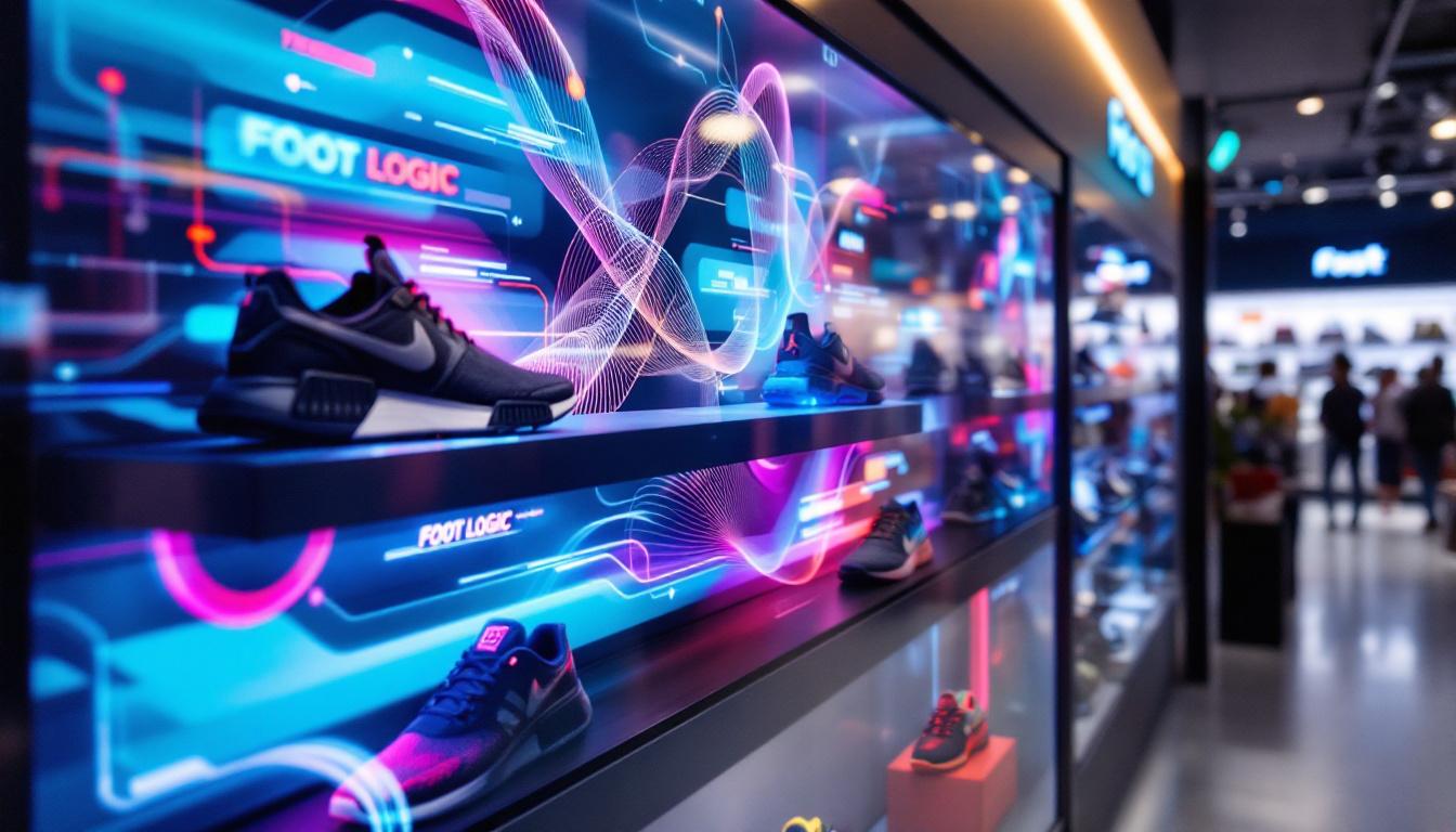 A photograph of a sleek led display showcasing foot logic products in a retail environment
