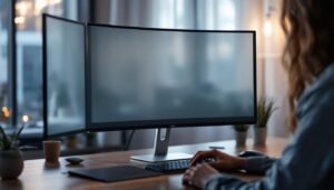 A photograph of a computer monitor with a privacy screen in use