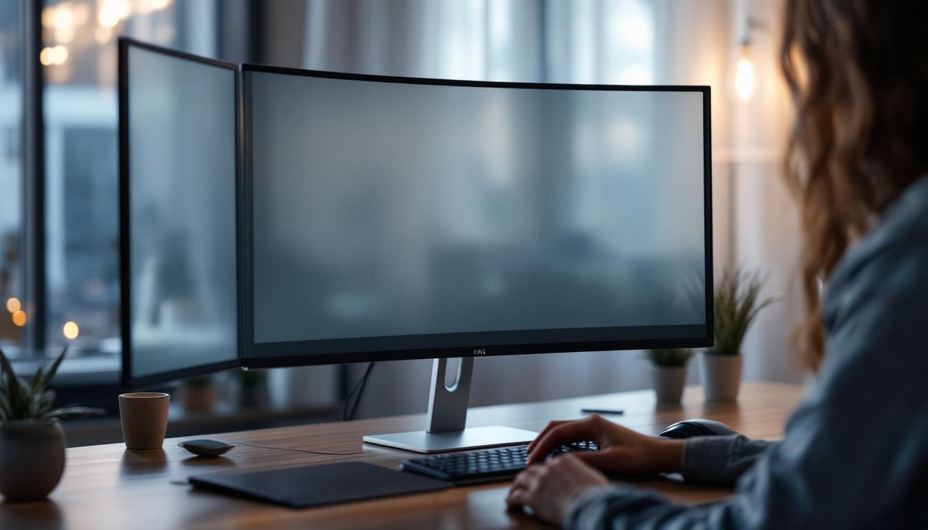 A photograph of a computer monitor with a privacy screen in use