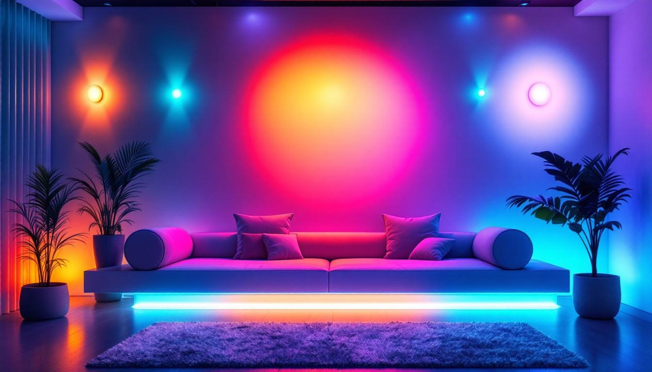 A photograph of a stylishly designed lounge space featuring vibrant led wall lights in various colors