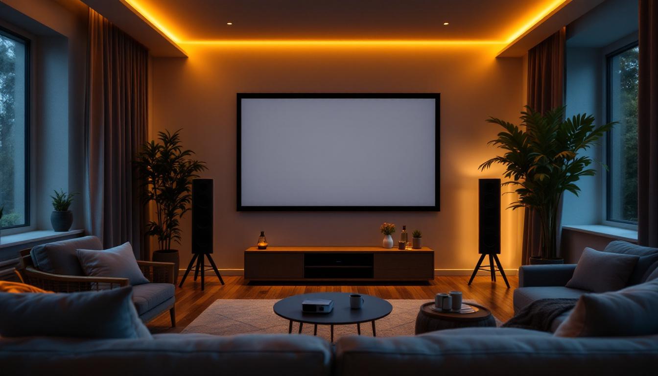 A photograph of a cozy home theater setup featuring a projector screen with a clear image
