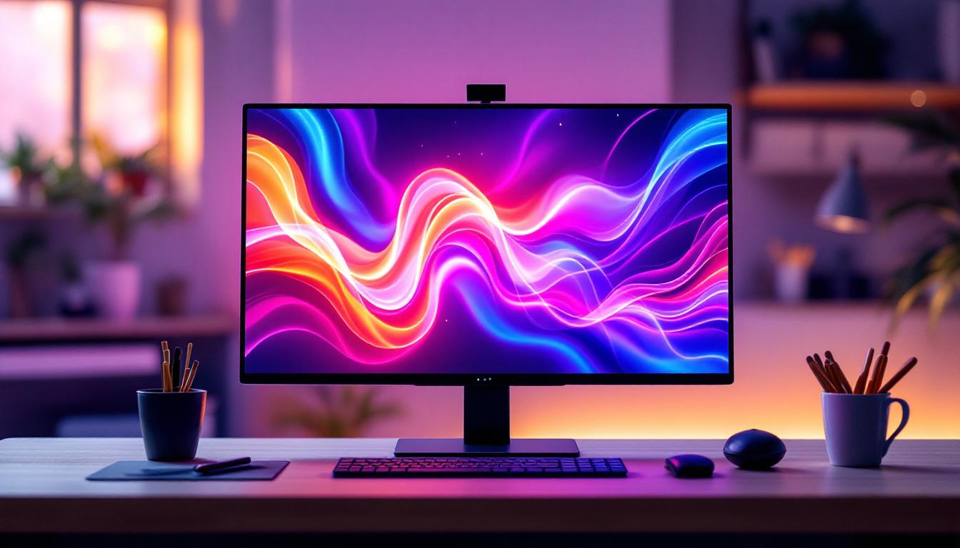 A photograph of a sleek 27-inch touchscreen monitor displaying vibrant led graphics