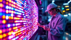 A photograph of a close-up view of a vibrant led display in action