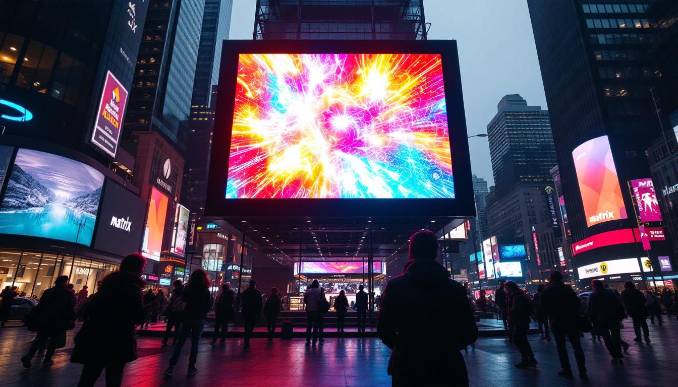 A photograph of a vibrant led display in a dynamic urban setting