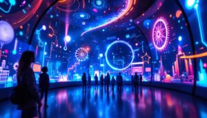 A photograph of a vibrant led display in a multimedia museum setting