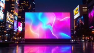 A photograph of a vibrant led display in a bustling urban setting