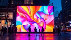 A photograph of a vibrant led display in an urban setting