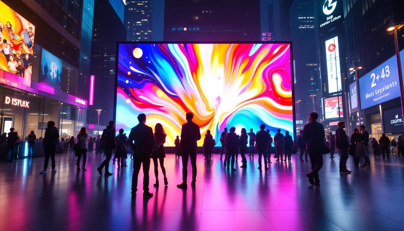 A photograph of a vibrant led display in a dynamic urban setting