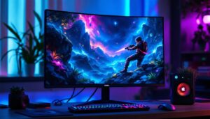 A photograph of a vibrant gaming setup featuring a high-quality led display monitor in action