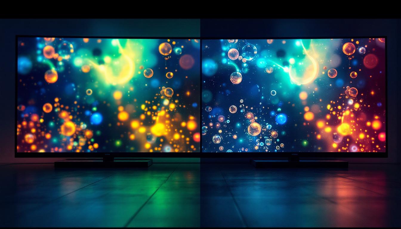 A photograph of a side-by-side comparison of a vibrant led tv and a traditional lcd tv displaying the same image