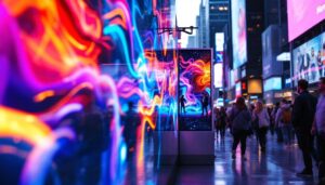 A photograph of a vibrant led digital signage display in a bustling urban environment