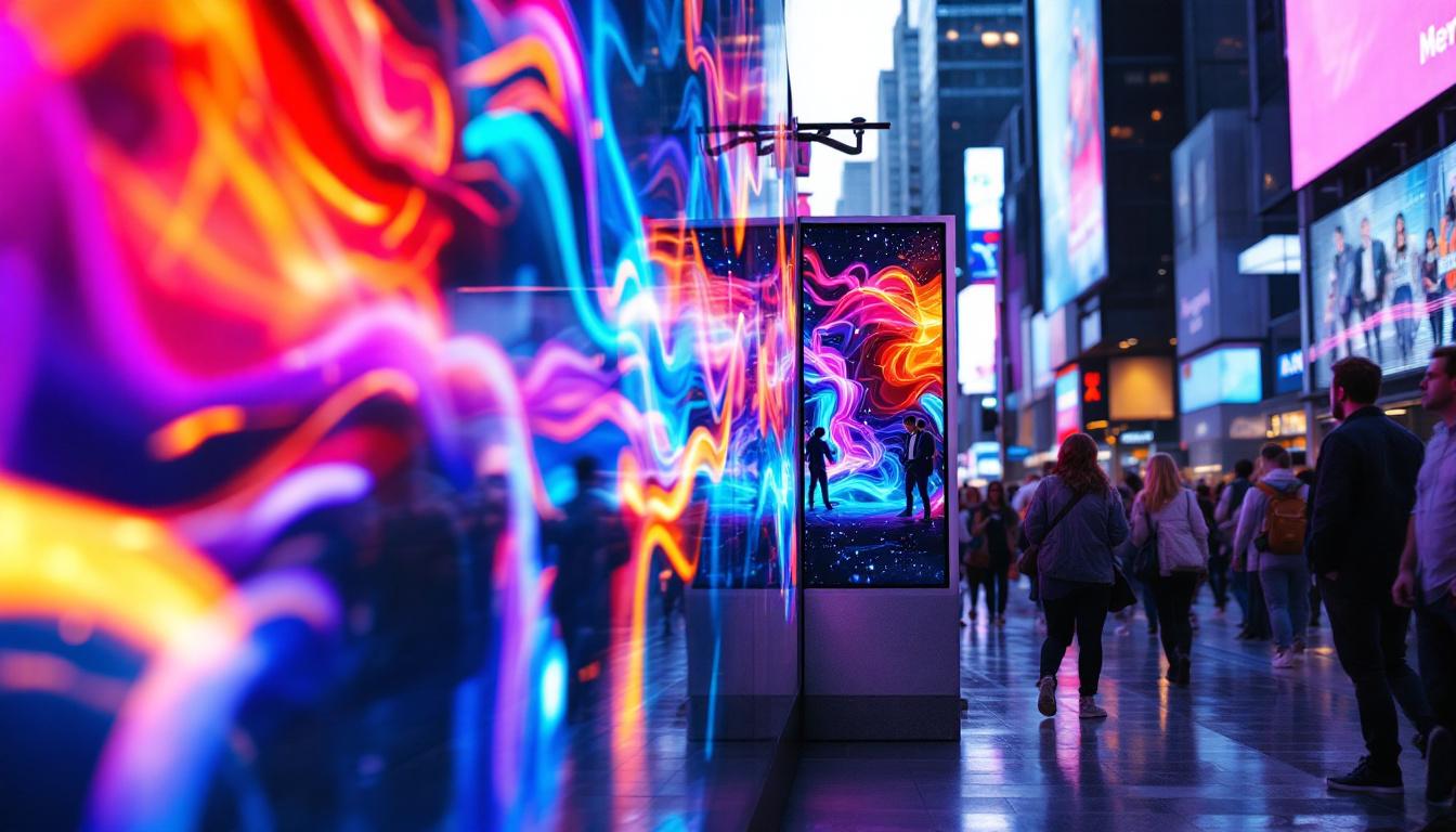 A photograph of a vibrant led digital signage display in a bustling urban environment