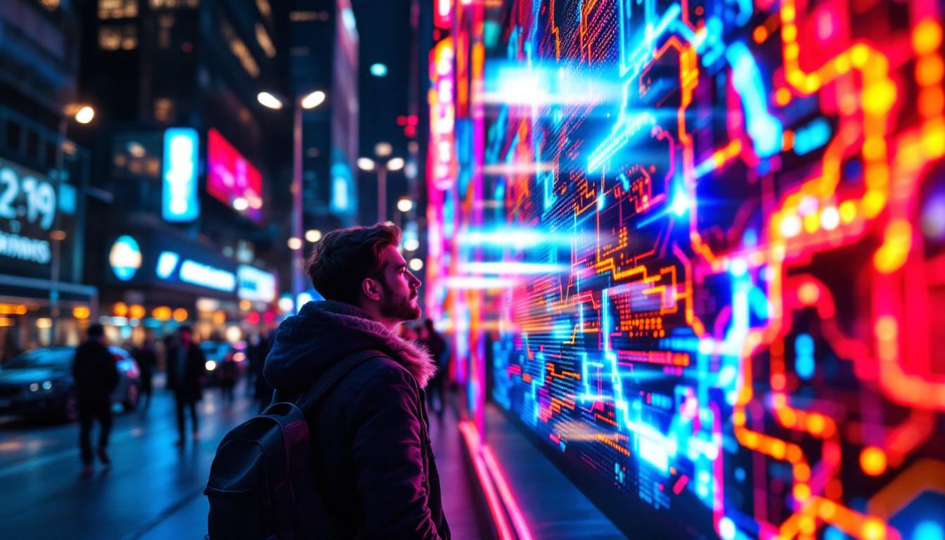 A photograph of a vibrant led display in a dynamic urban setting