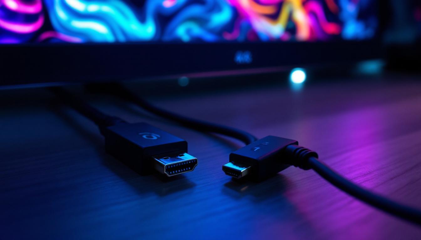 A photograph of a side-by-side comparison of a displayport 1.4a and hdmi 2.1 cable connected to an led display
