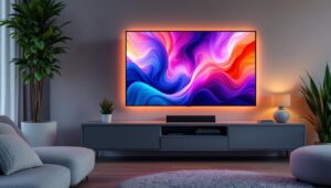 A photograph of a modern living room featuring a sleek lcd tv with an led display