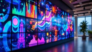 A photograph of a vibrant media wall featuring dynamic led displays in a modern setting