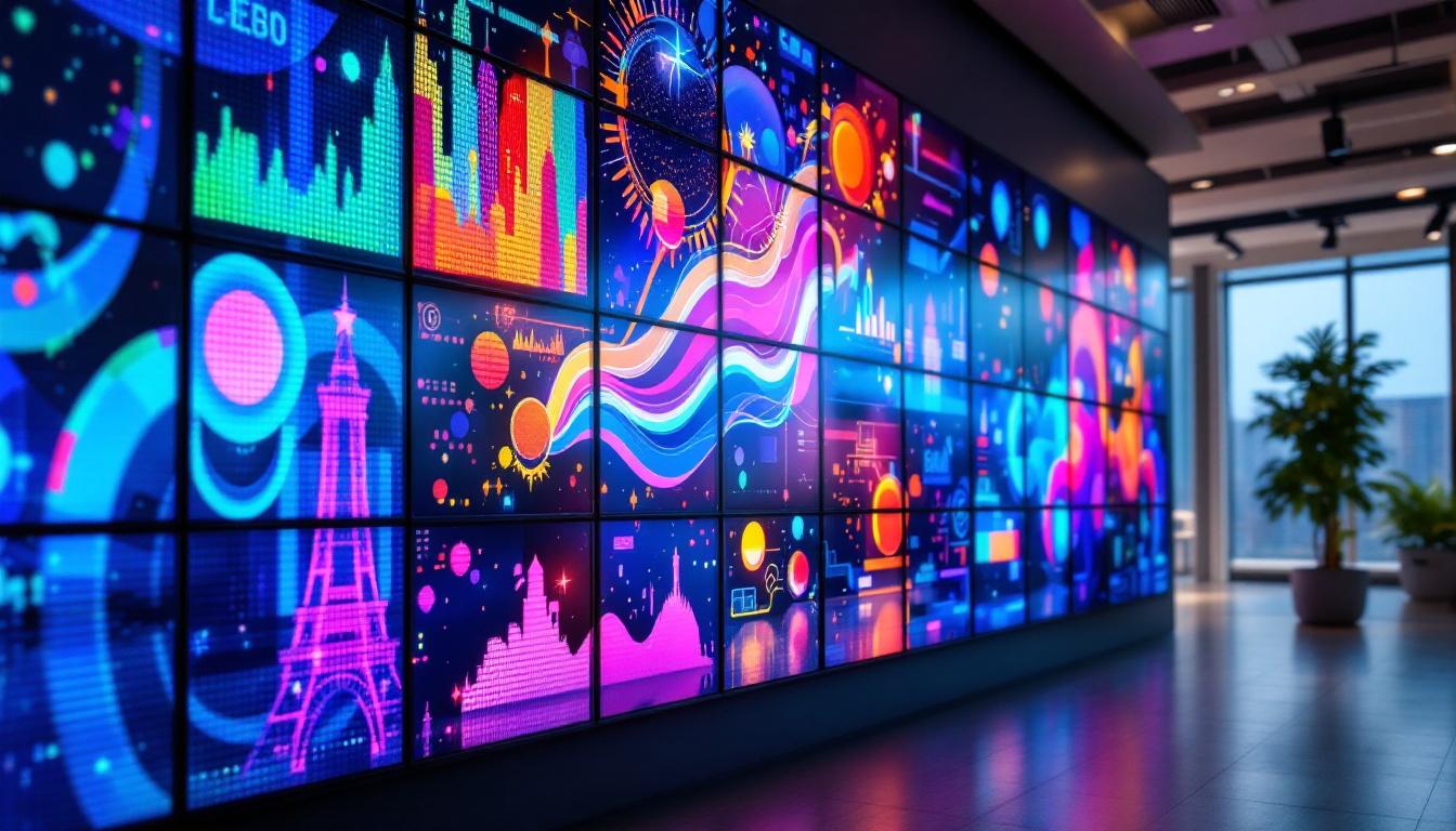 A photograph of a vibrant media wall featuring dynamic led displays in a modern setting