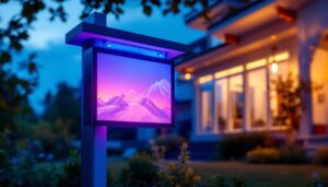 A photograph of capture a photograph of a beautifully illuminated house sign featuring an led display at dusk