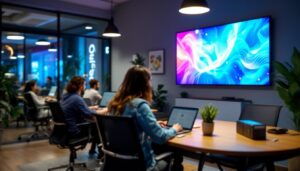 A photograph of capture a photograph of a modern office space at office evolution hillsboro featuring an eye-catching led display in action