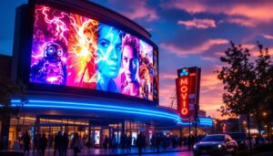 A photograph of capture a photograph of a vibrant led display showcasing movie advertisements in a bustling beaverton