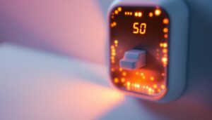 A photograph of a close-up shot of an electric plug with an led display