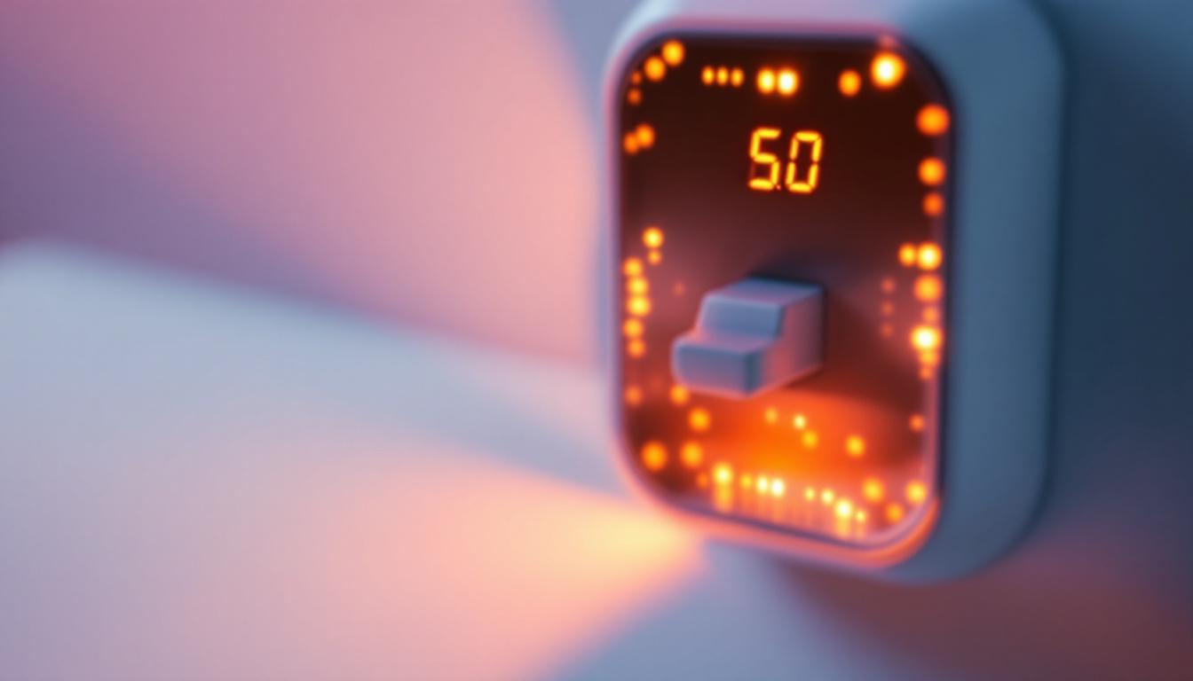 A photograph of a close-up shot of an electric plug with an led display
