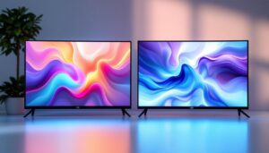 A photograph of a side-by-side comparison of an led display and an lcd display