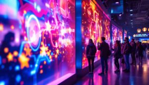 A photograph of a vibrant led display in an engaging public setting