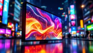 A photograph of a vibrant led display in a dynamic urban setting