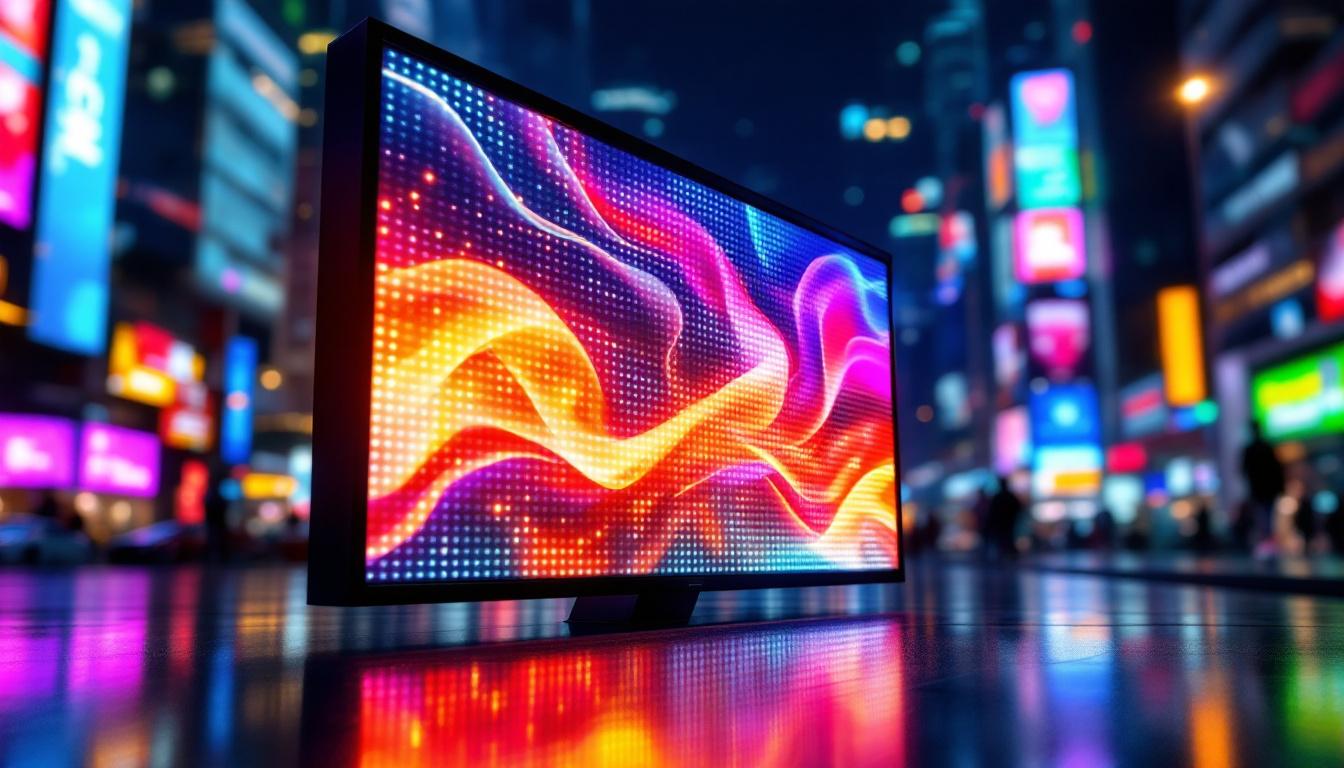 A photograph of a vibrant led display in a dynamic urban setting