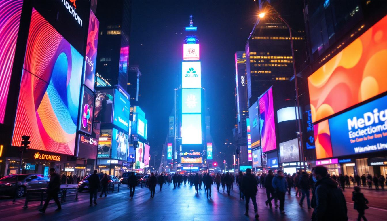 A photograph of a vibrant led display in a bustling urban setting