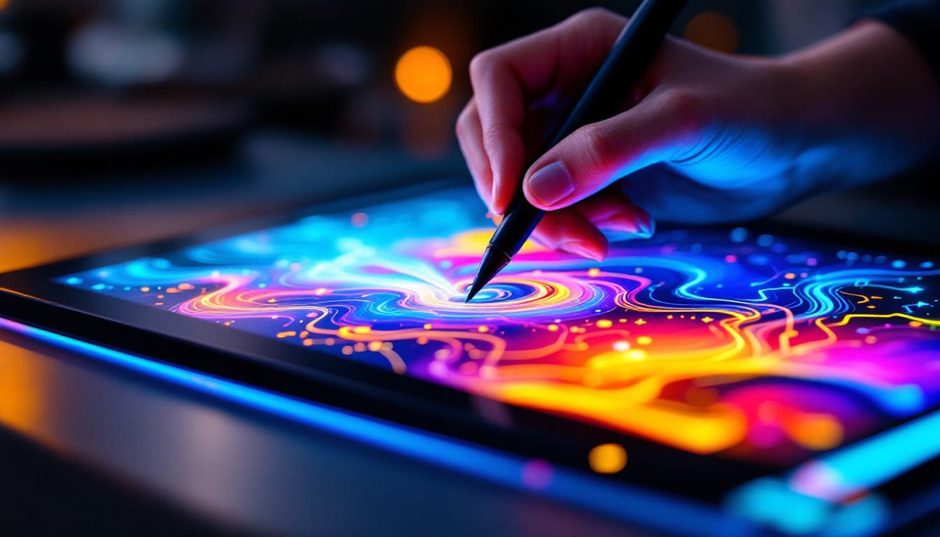 A photograph of a close-up shot of a vibrant lcd drawing tablet in use