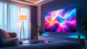 A photograph of a modern living room setting featuring a sleek led projection tv in use