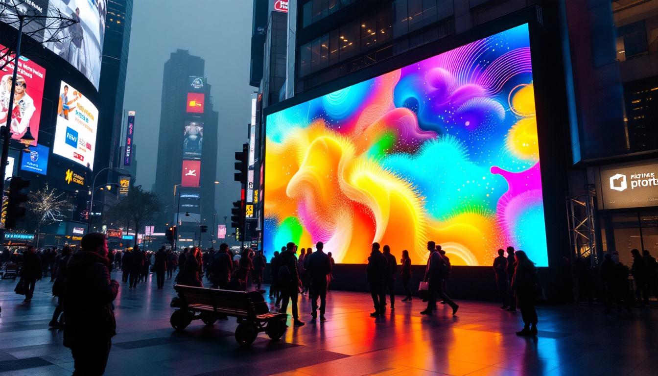 A photograph of a vibrant led display in a dynamic urban setting
