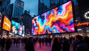 A photograph of a vibrant led display in a bustling urban setting