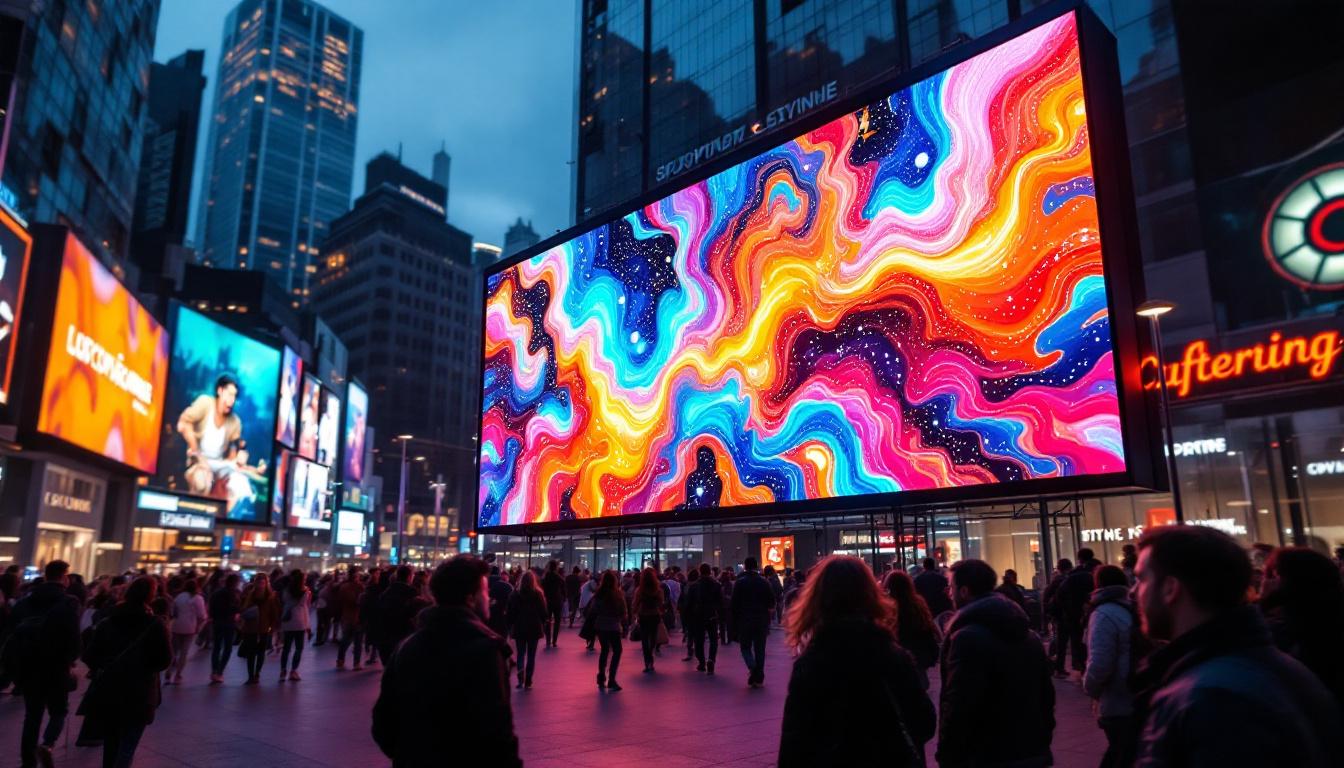 A photograph of a vibrant led display in a bustling urban setting