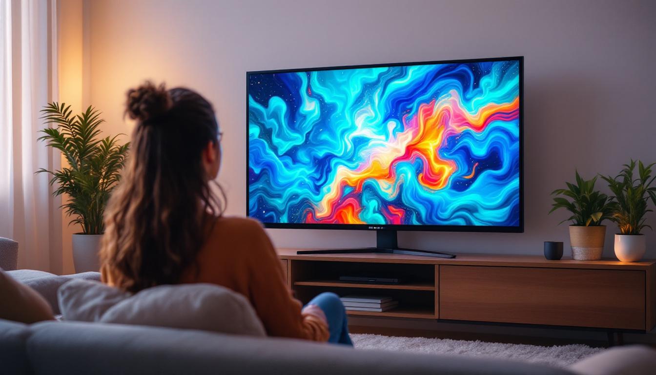A photograph of capture a photograph of a sleek 32-inch plasma tv displaying vibrant led visuals in a cozy living room setting