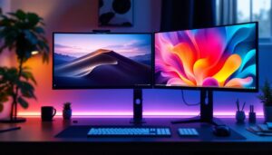 A photograph of a multi-monitor setup showcasing distinct and vibrant desktop backgrounds on each screen