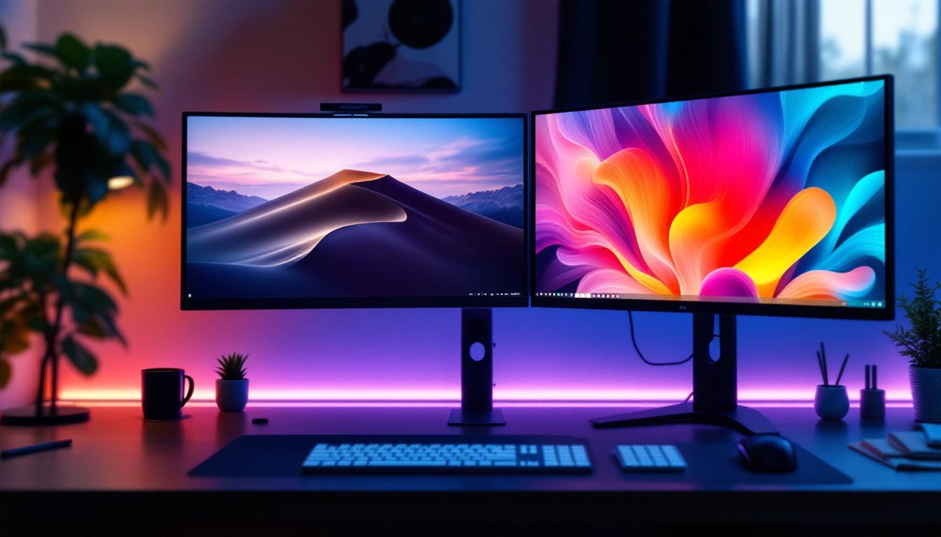 A photograph of a multi-monitor setup showcasing distinct and vibrant desktop backgrounds on each screen