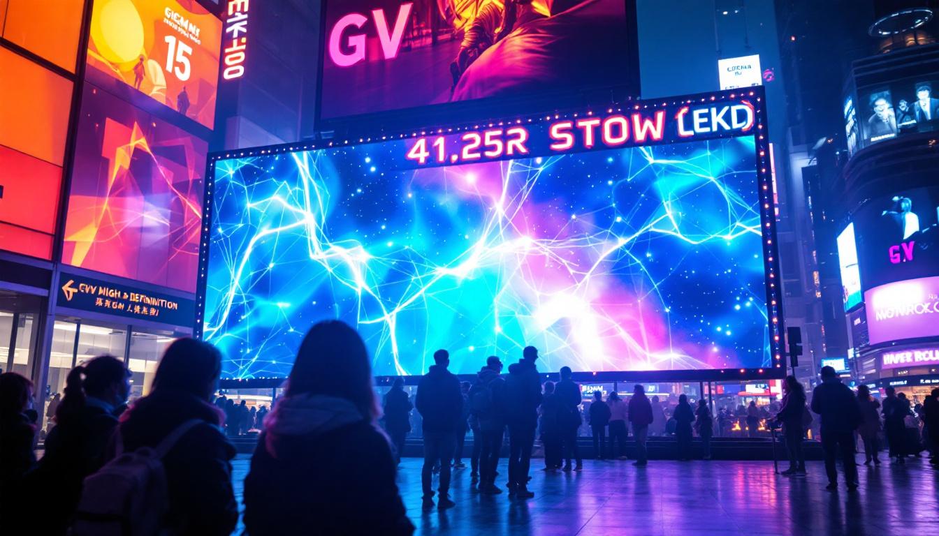 A photograph of a vibrant led display in a dynamic urban setting