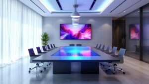 A photograph of a spacious conference room featuring a sleek 10-foot table equipped with an integrated led display