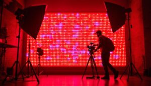 A photograph of a vibrant led display in a dimly lit environment