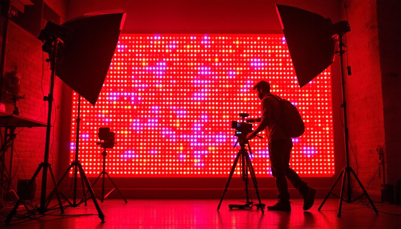 A photograph of a vibrant led display in a dimly lit environment